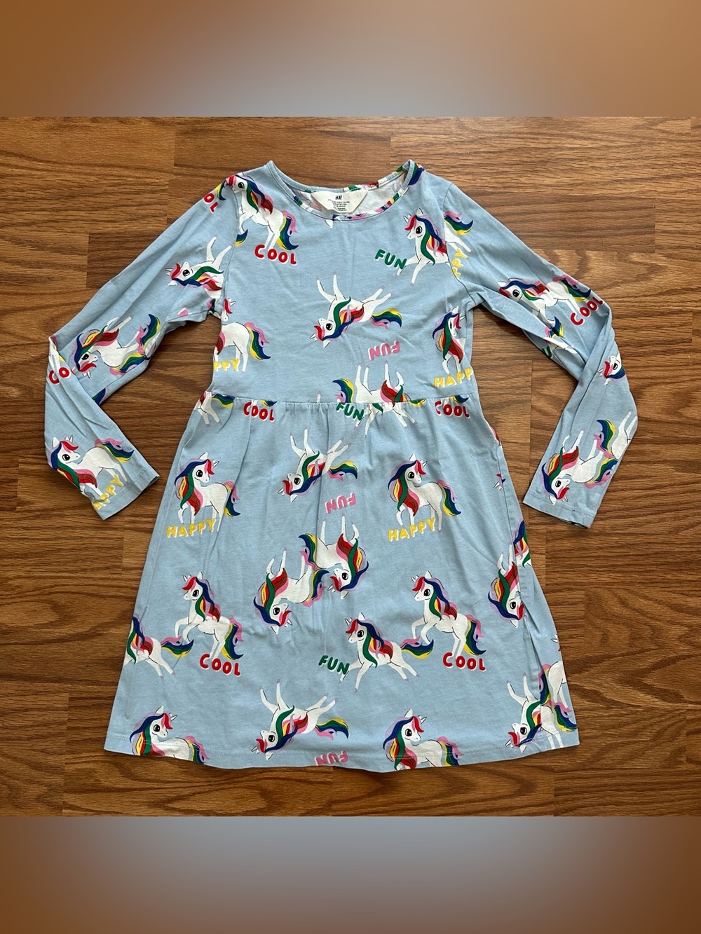 H&M Girls Size 8-10 Long Sleeve Dress Unicorns Rainbow Light Blue Cotton EUC!